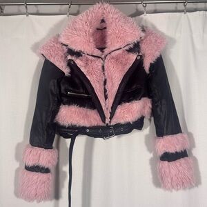 Black Faux Leather Cropped Jacket with Pink Faux Fur Trim